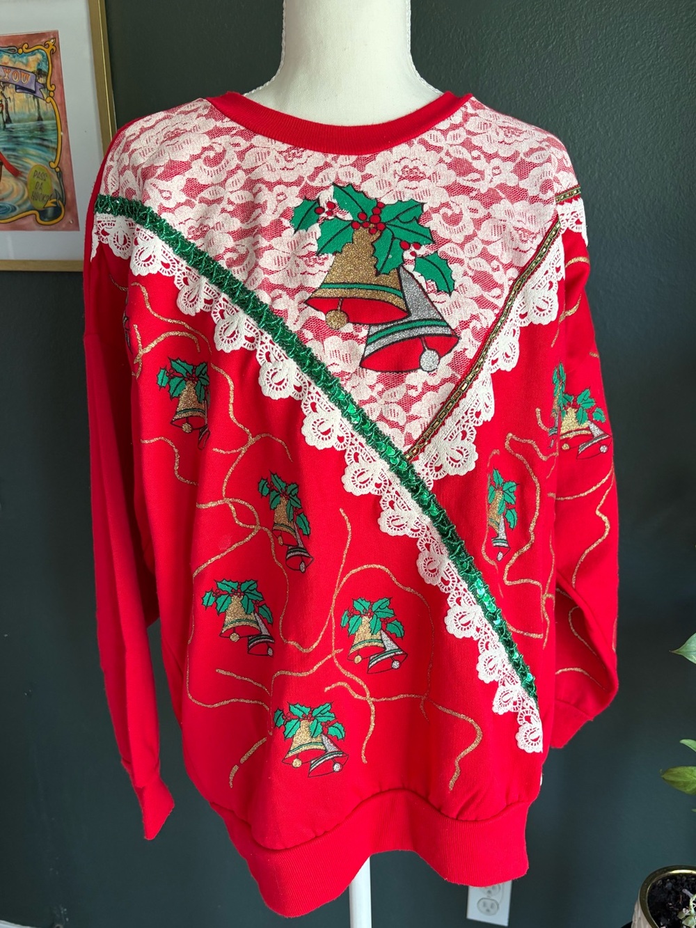 VTG 90s Nut Cracker Christmas Sweatshirt 18W Lace Sequin Bells Made USA